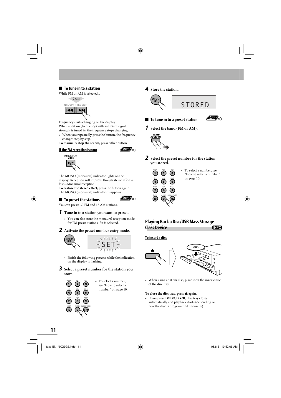 Stored, Playing back a disc/usb mass storage class device | JVC CA-NXG9 User Manual | Page 14 / 132