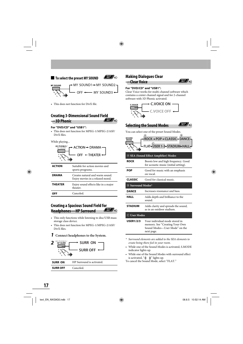 Making dialogues clear —clear voice, Selecting the sound modes, Creating 3-dimensional sound field —3d phonic | JVC CA-NXG9 User Manual | Page 20 / 132