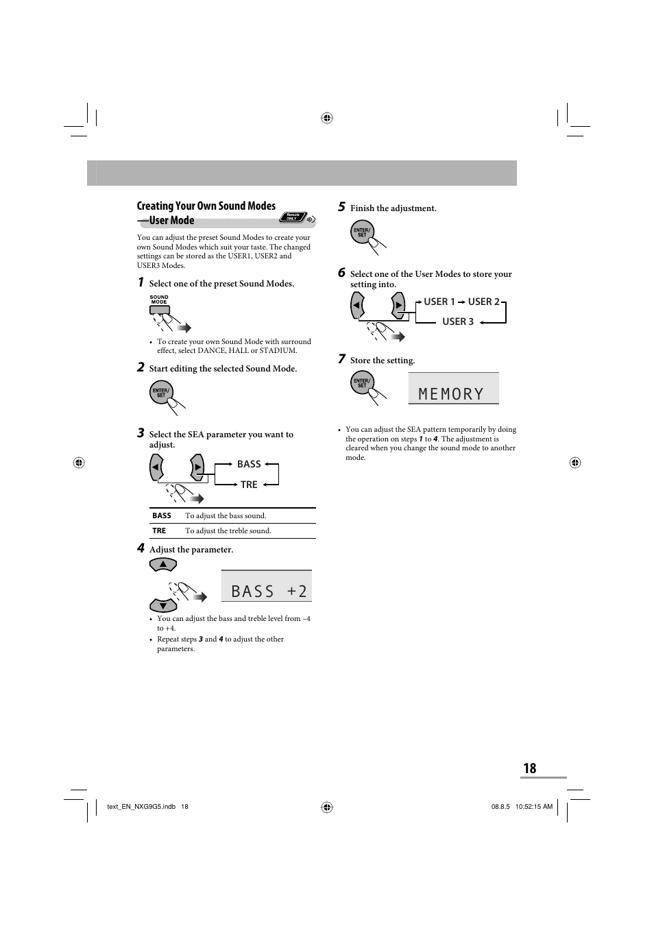 Bass +2, Creating your own sound modes —user mode | JVC CA-NXG9 User Manual | Page 21 / 132