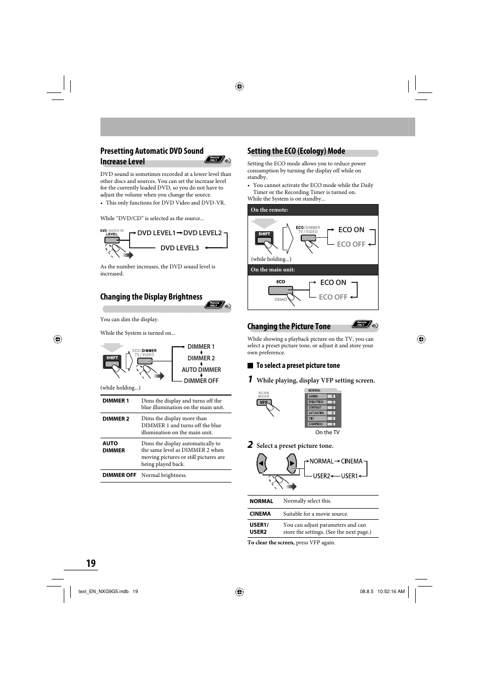 Setting the eco (ecology) mode, Changing the picture tone, Presetting automatic dvd sound increase level | Changing the display brightness | JVC CA-NXG9 User Manual | Page 22 / 132