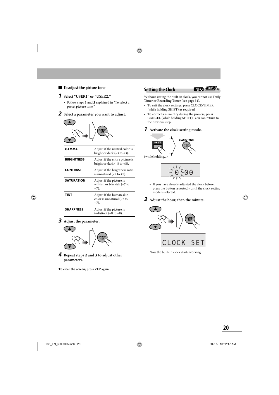 Clock set, Setting the clock | JVC CA-NXG9 User Manual | Page 23 / 132