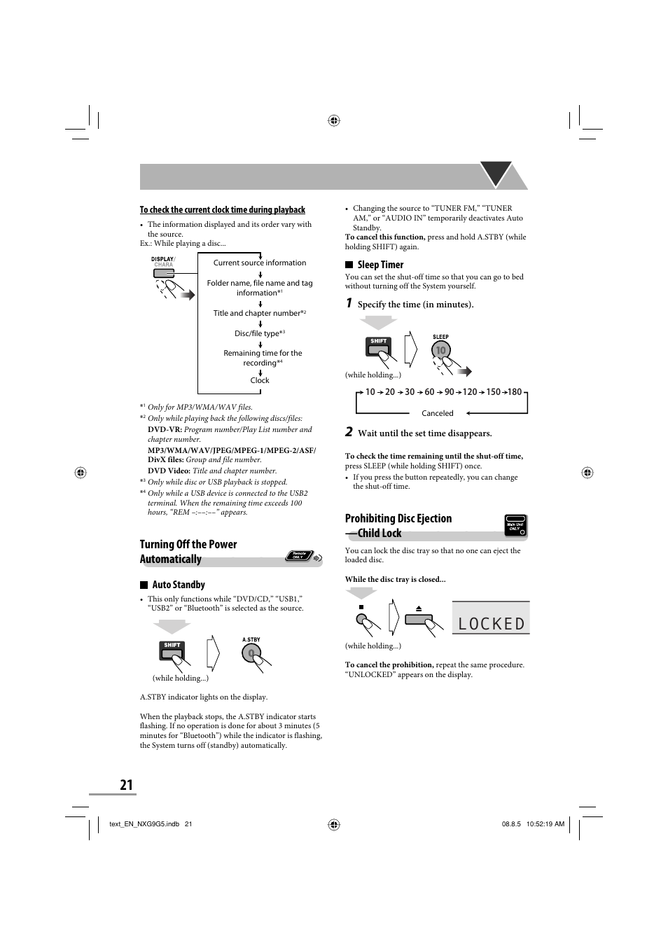 Locked, Prohibiting disc ejection —child lock, Turning off the power automatically | Sleep timer, Auto standby | JVC CA-NXG9 User Manual | Page 24 / 132