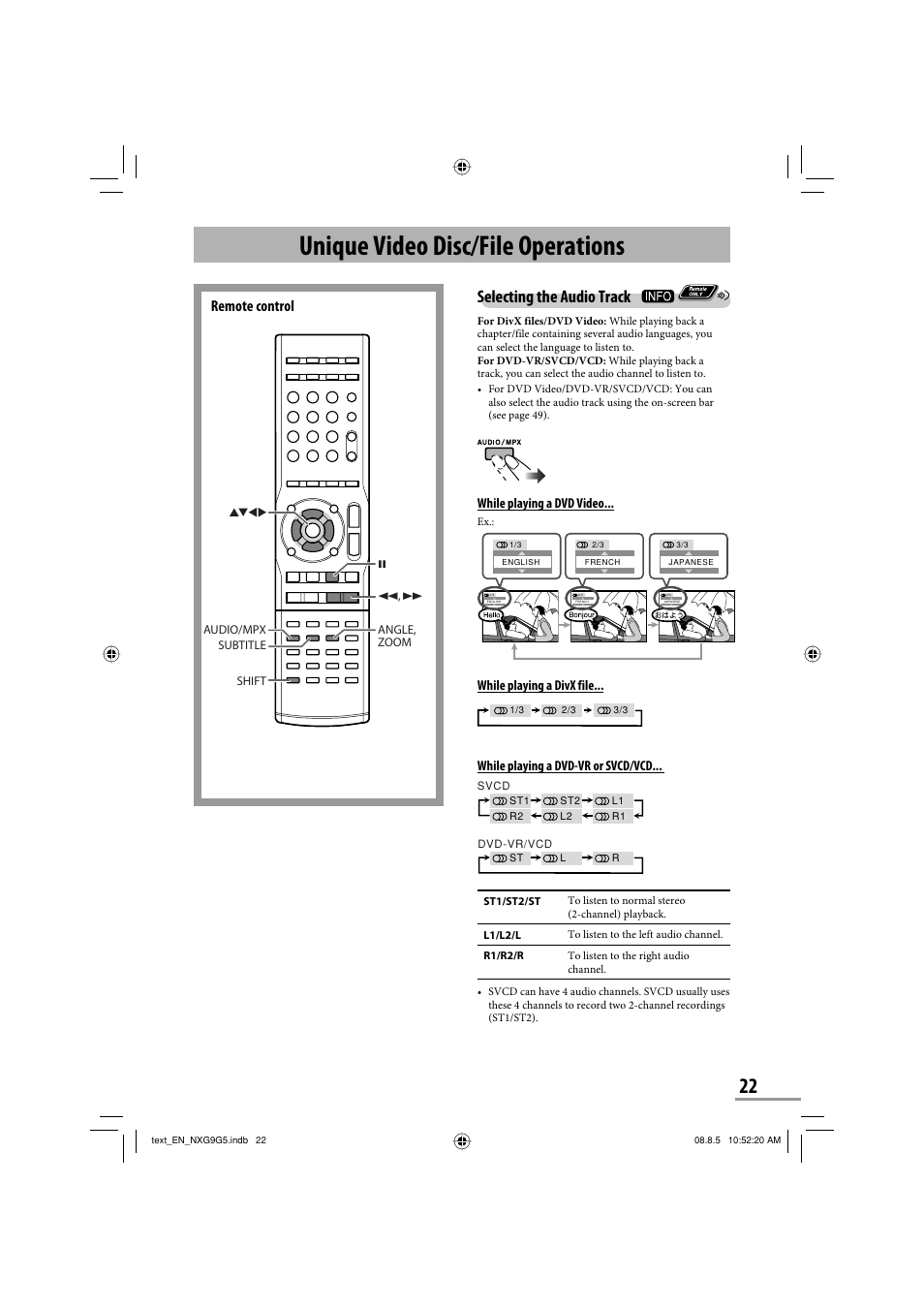 Unique video disc/file operations, Selecting the audio track, Remote control | While playing a dvd video, While playing a divx file, While playing a dvd-vr or svcd/vcd | JVC CA-NXG9 User Manual | Page 25 / 132