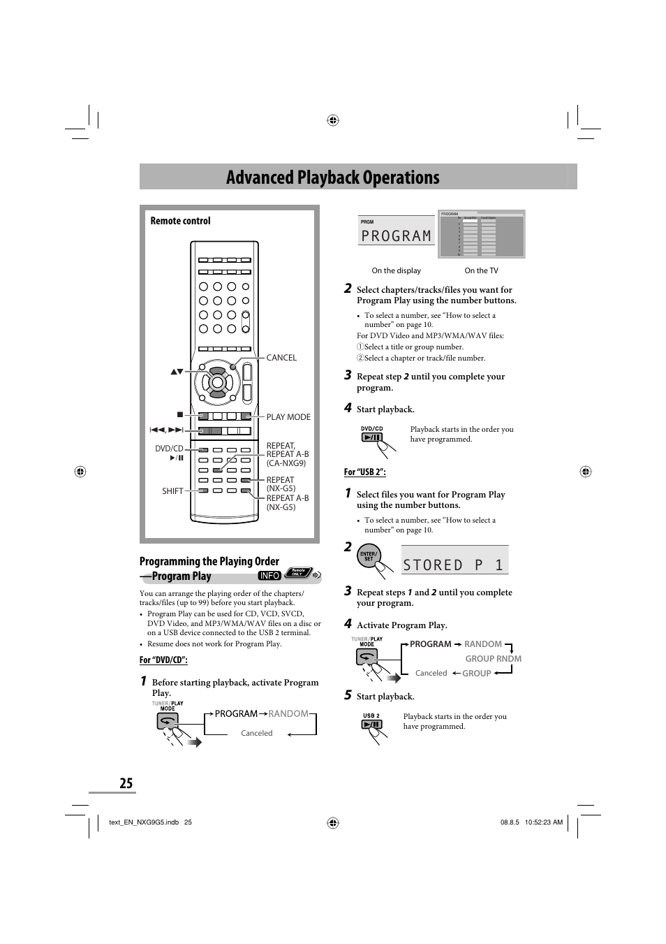 Advanced playback operations, Program, Stored p 1 | Programming the playing order —program play | JVC CA-NXG9 User Manual | Page 28 / 132