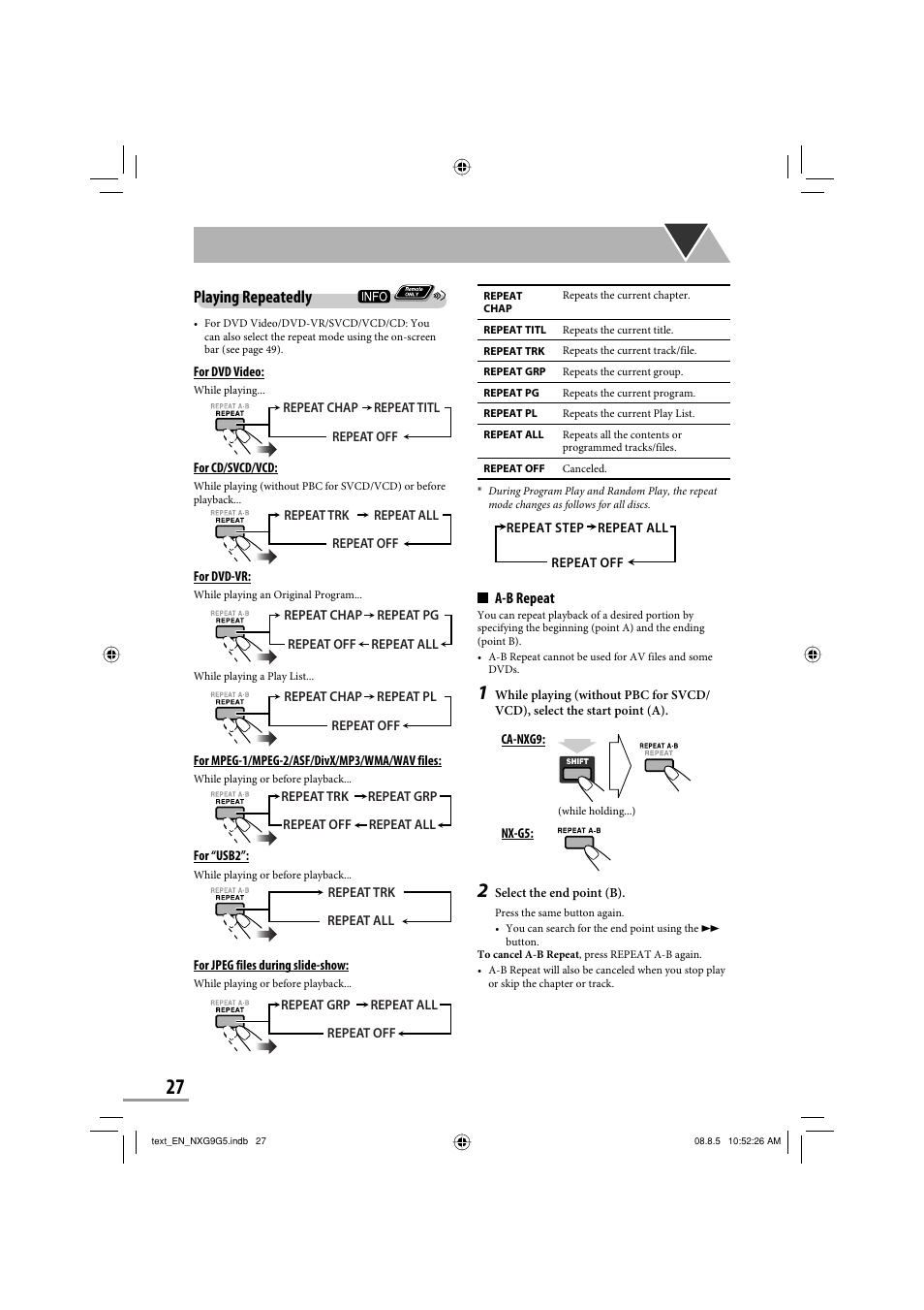 Playing repeatedly | JVC CA-NXG9 User Manual | Page 30 / 132