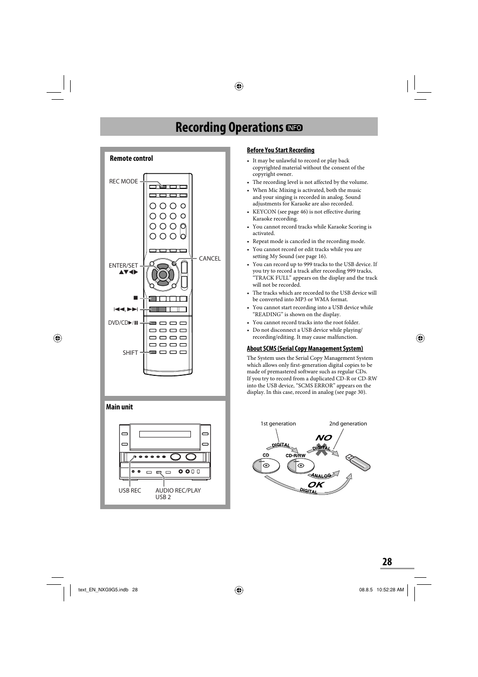 Recording operations, Remote control, Main unit | JVC CA-NXG9 User Manual | Page 31 / 132