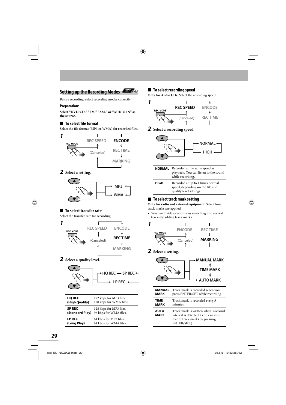 Setting up the recording modes | JVC CA-NXG9 User Manual | Page 32 / 132