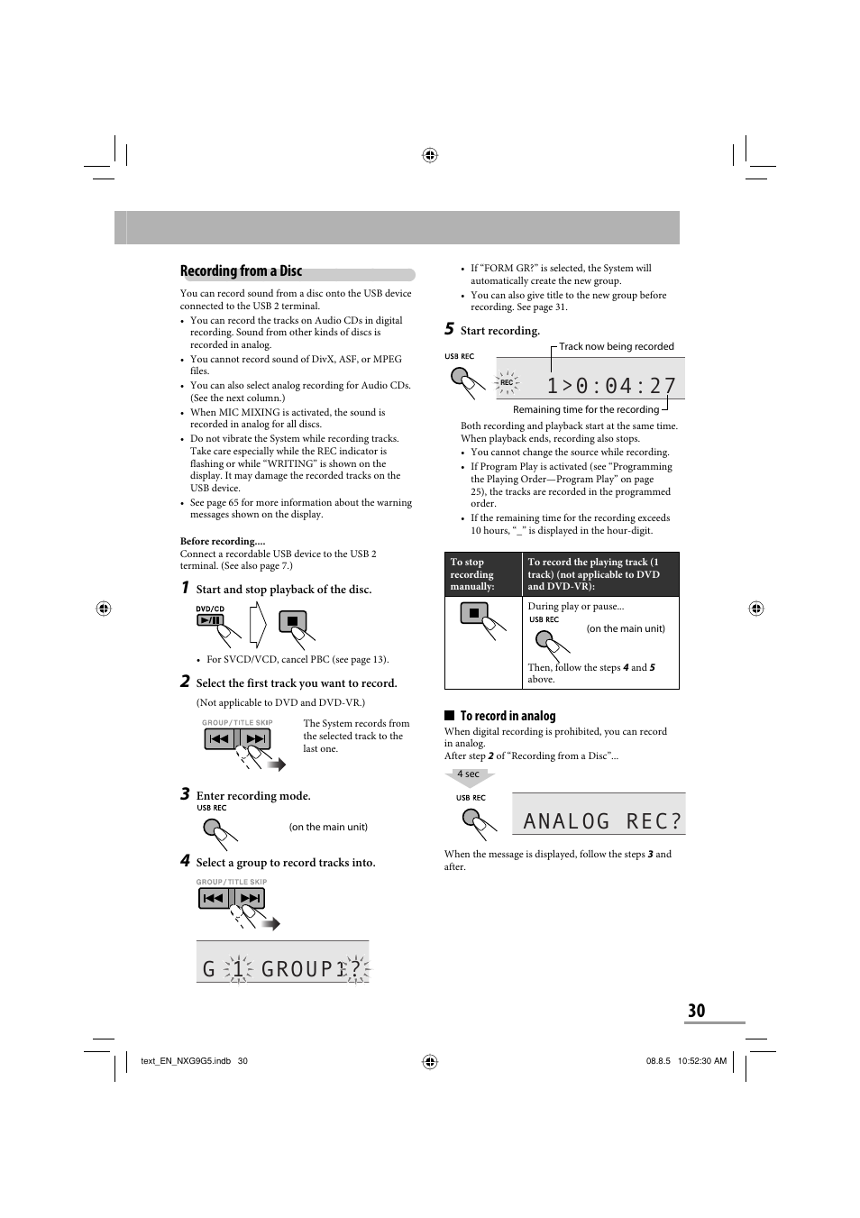 G 1 group1, Analog rec, Recording from a disc | JVC CA-NXG9 User Manual | Page 33 / 132