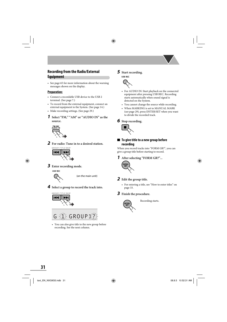 G 1 group1, Recording from the radio/external equipment | JVC CA-NXG9 User Manual | Page 34 / 132