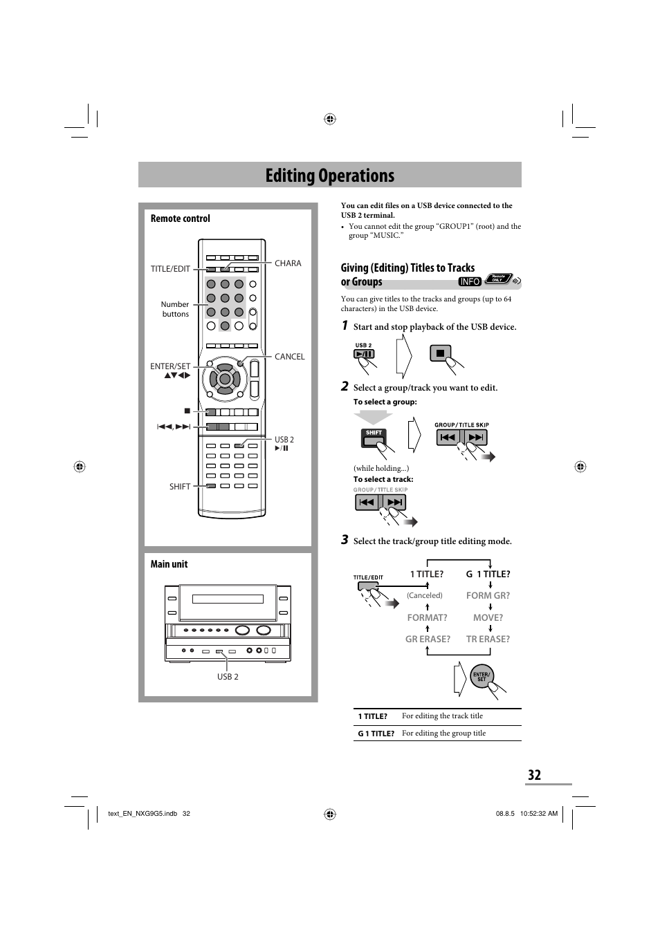 Editing operations, Giving (editing) titles to tracks or groups | JVC CA-NXG9 User Manual | Page 35 / 132