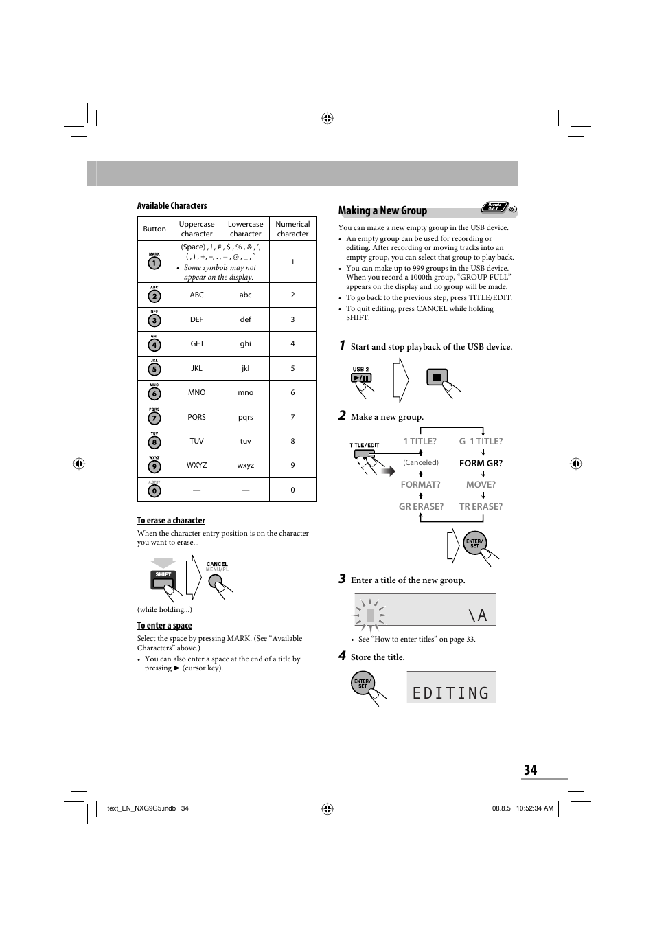 Editing, Making a new group | JVC CA-NXG9 User Manual | Page 37 / 132