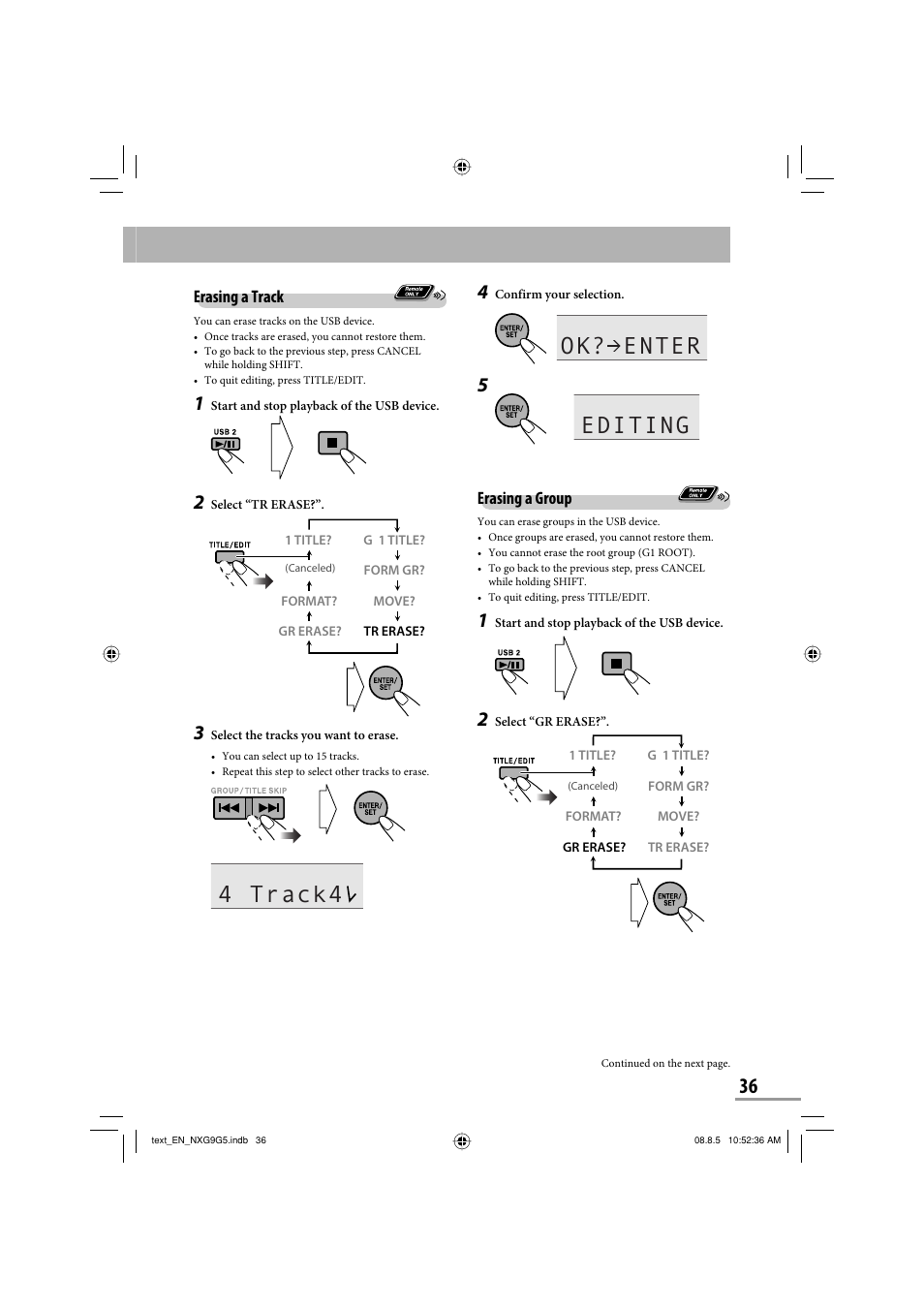 Ok? enter, Editing, 4 track4 | JVC CA-NXG9 User Manual | Page 39 / 132