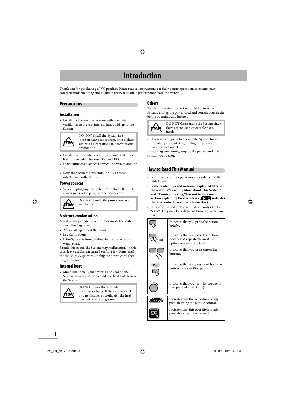 Introduction, How to read this manual, Precautions | Others, Installation, Power sources, Moisture condensation, Internal heat | JVC CA-NXG9 User Manual | Page 4 / 132