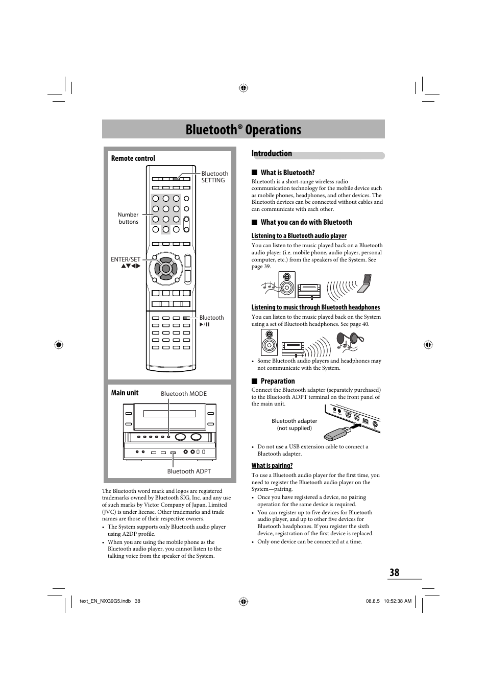 Bluetooth operations, Bluetooth® operations, Introduction | JVC CA-NXG9 User Manual | Page 41 / 132