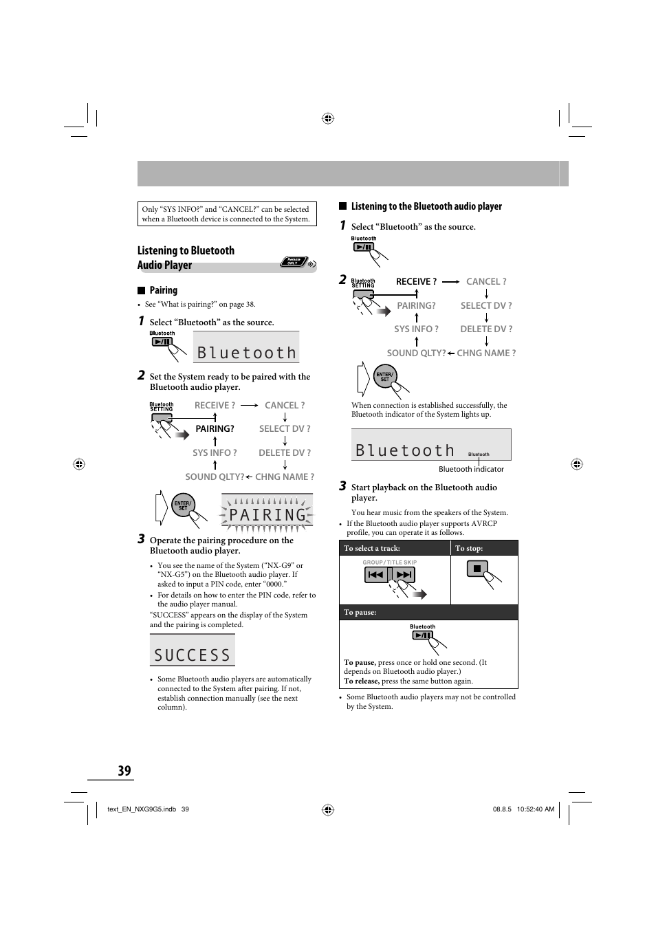 Bluetooth, Pairing, Success | Listening to bluetooth audio player | JVC CA-NXG9 User Manual | Page 42 / 132