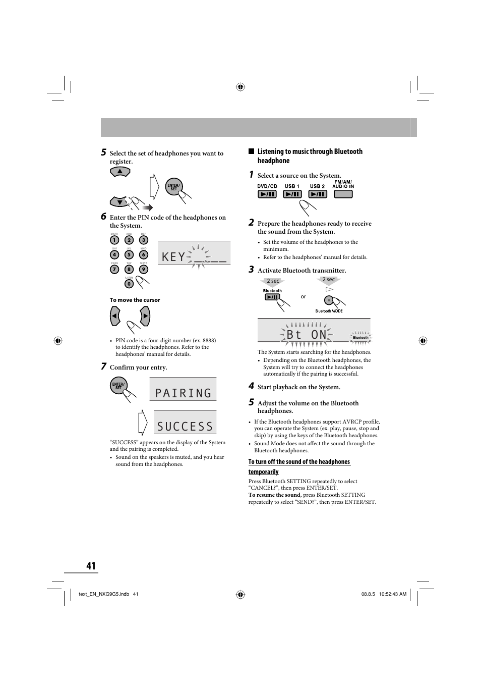 Bt on, Success pairing | JVC CA-NXG9 User Manual | Page 44 / 132