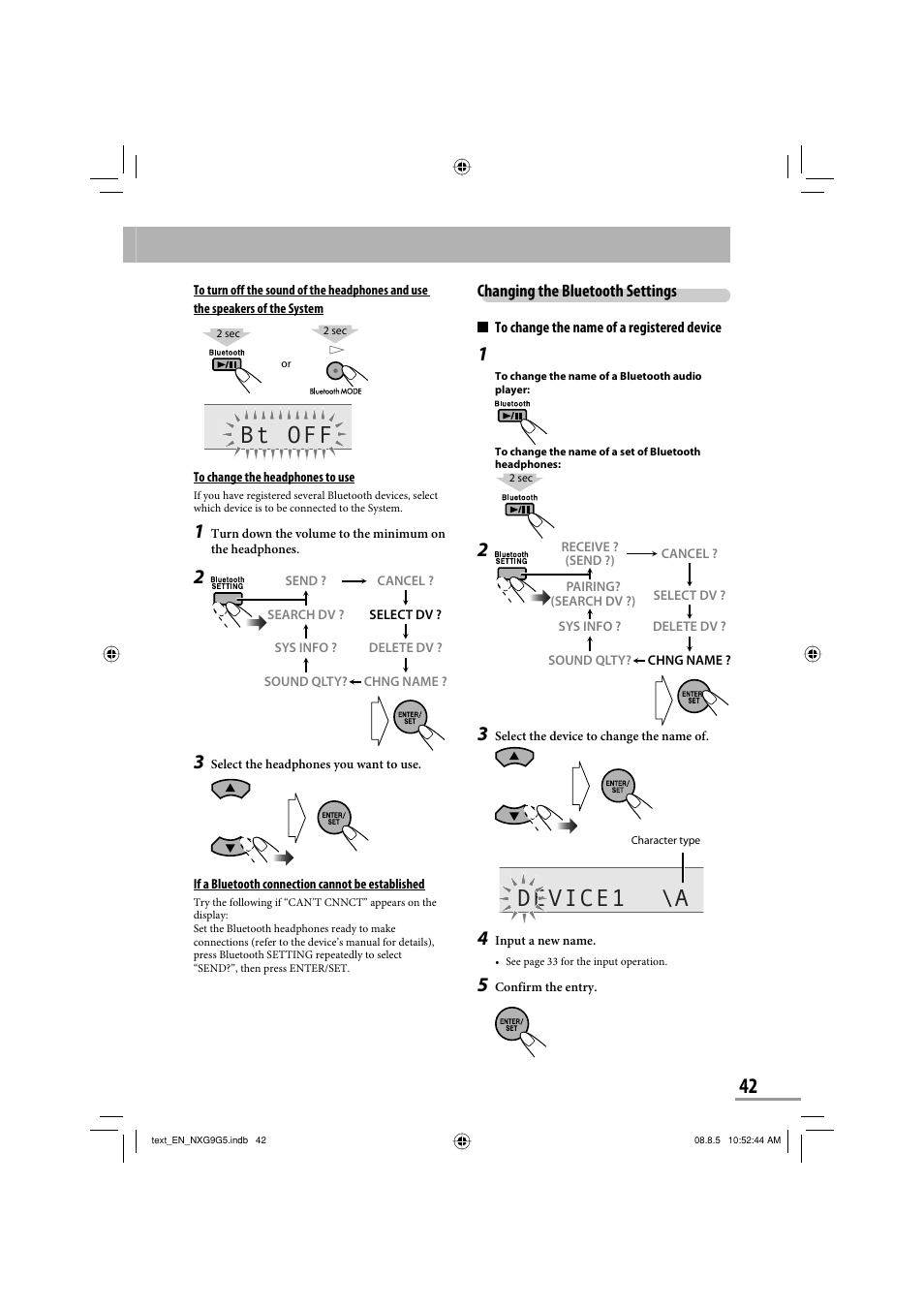 Bt off, Device1 a, Changing the bluetooth settings | JVC CA-NXG9 User Manual | Page 45 / 132