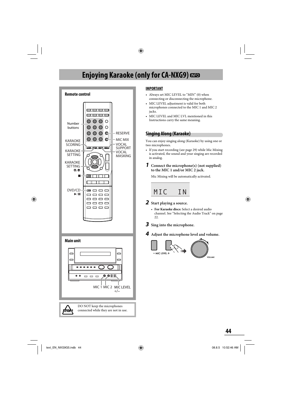 Enjoying karaoke (only for ca-nxg9), Mic in, Singing along (karaoke) | JVC CA-NXG9 User Manual | Page 47 / 132