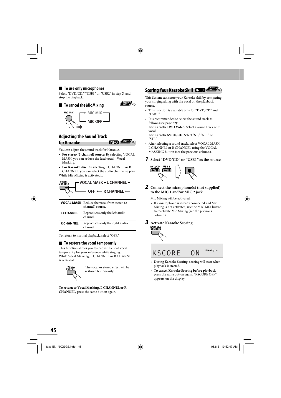 Kscore on, Scoring your karaoke skill, Adjusting the sound track for karaoke | JVC CA-NXG9 User Manual | Page 48 / 132