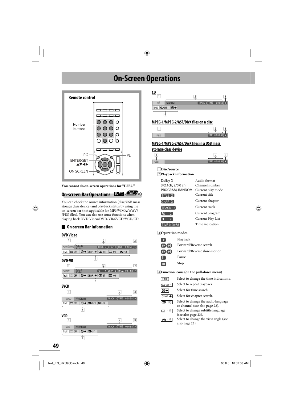 On-screen operations, On-screen bar operations, Remote control | On-screen bar information, Mpeg-1/mpeg-2/asf/divx files on a disc, Dvd video, Dvd-vr svcd | JVC CA-NXG9 User Manual | Page 52 / 132