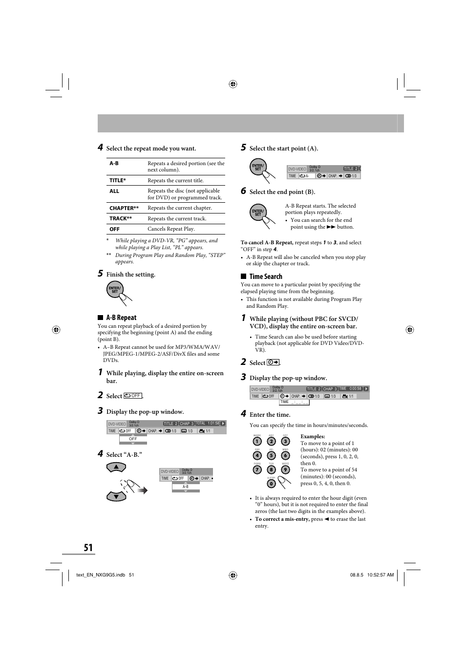 Time search, A-b repeat | JVC CA-NXG9 User Manual | Page 54 / 132