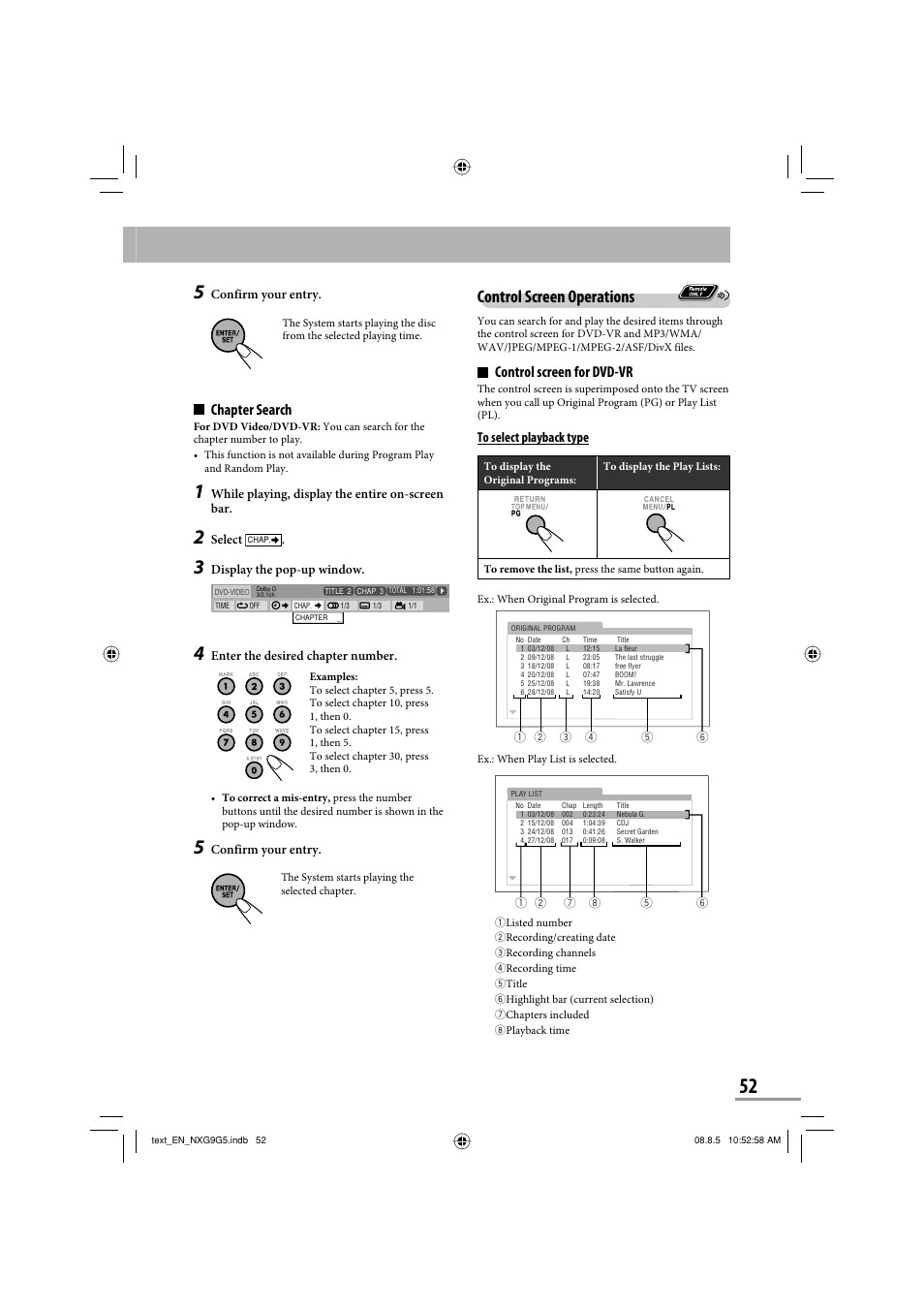 Control screen operations, Control screen for dvd-vr, Chapter search | JVC CA-NXG9 User Manual | Page 55 / 132