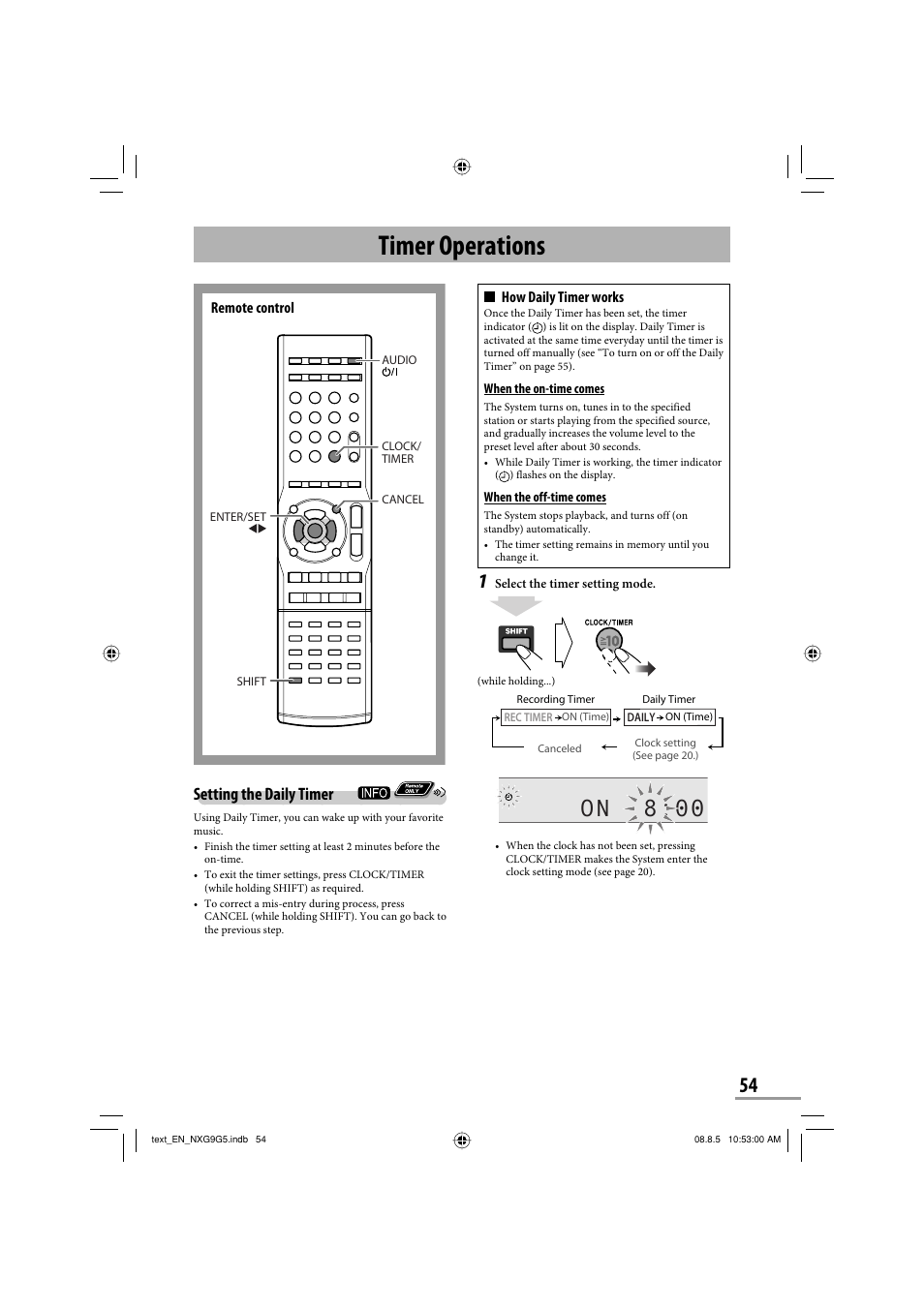 Timer operations, On 8:00, Setting the daily timer | JVC CA-NXG9 User Manual | Page 57 / 132