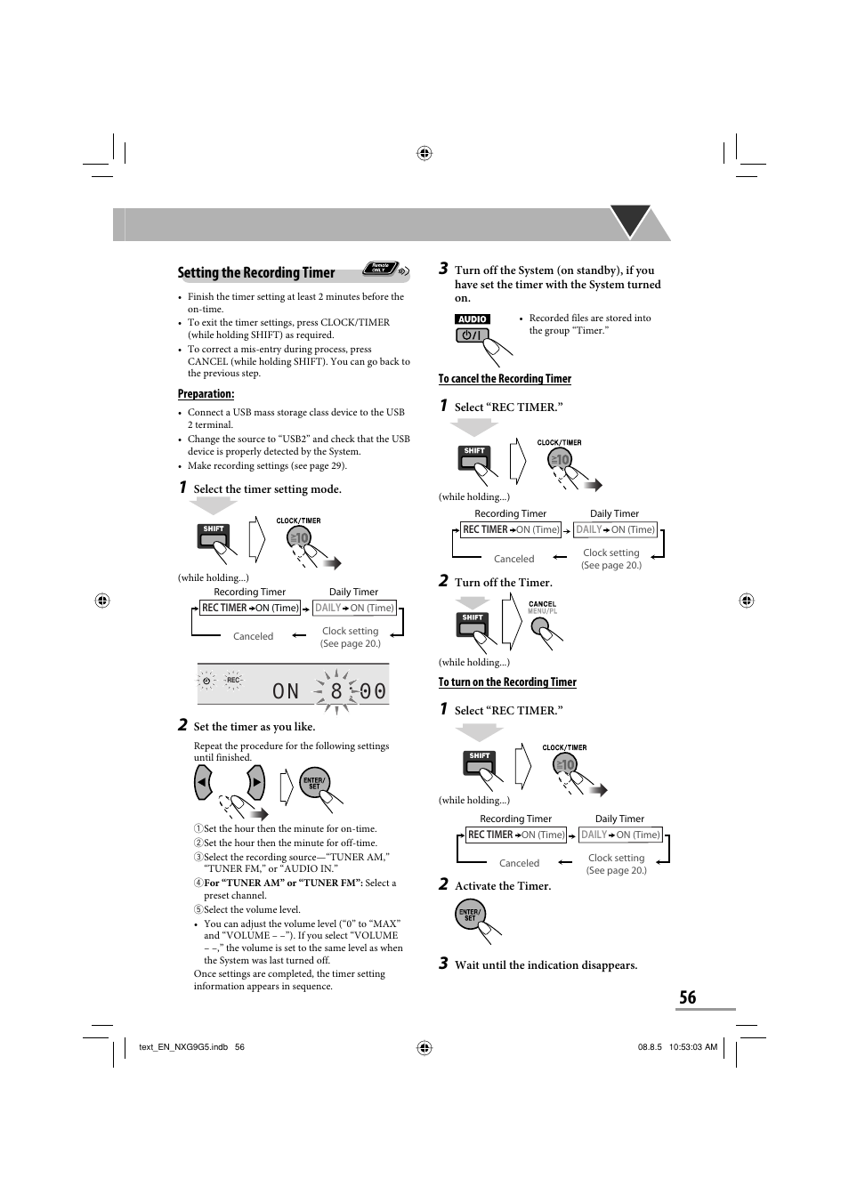 On 8:00, Setting the recording timer | JVC CA-NXG9 User Manual | Page 59 / 132