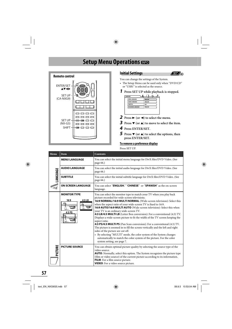 Setup menu operations, Initial settings, Remote control | Language, Picture | JVC CA-NXG9 User Manual | Page 60 / 132