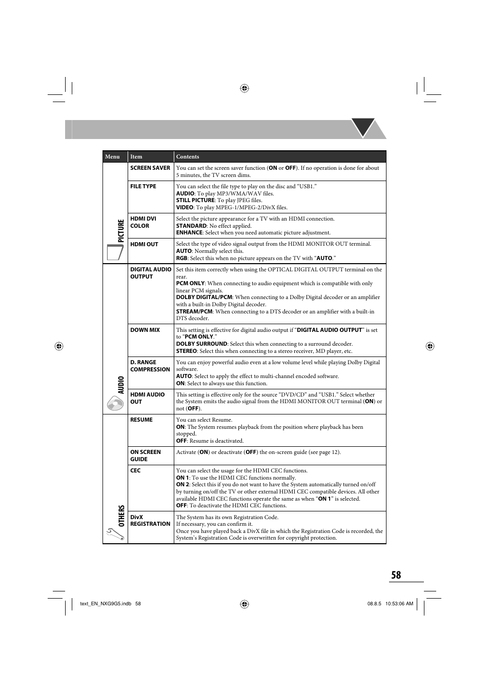 Picture, Audio, Others | JVC CA-NXG9 User Manual | Page 61 / 132