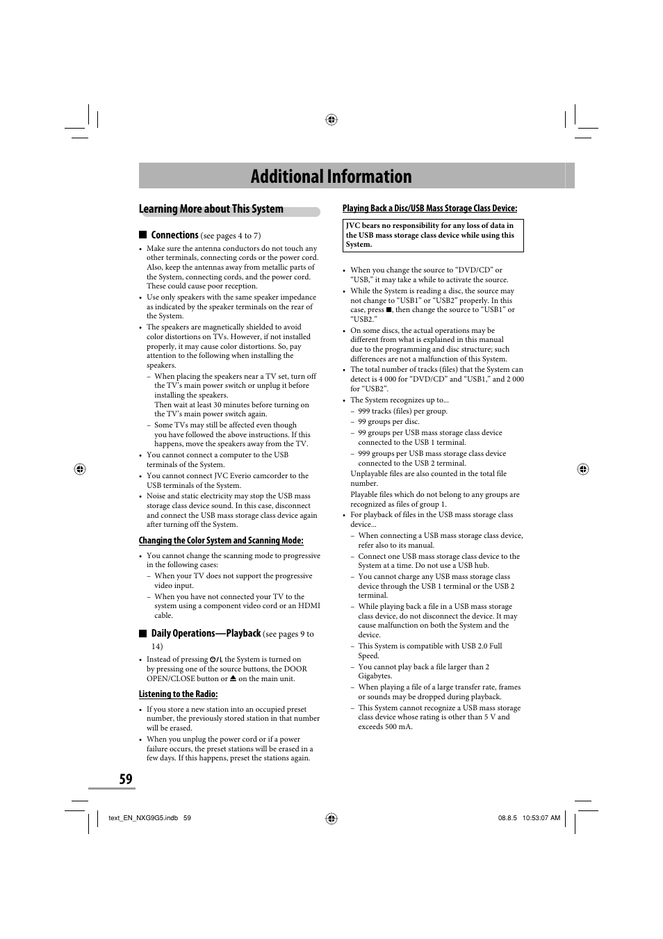 Additional information, Learning more about this system, Connections | Daily operations—playback | JVC CA-NXG9 User Manual | Page 62 / 132