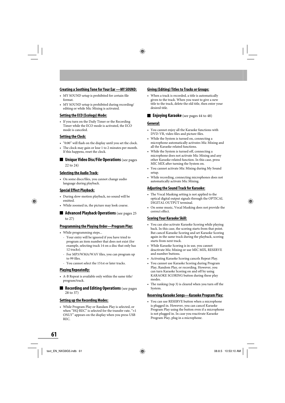 Enjoying karaoke, Unique video disc/file operations, Advanced playback operations | Recording and editing operations | JVC CA-NXG9 User Manual | Page 64 / 132