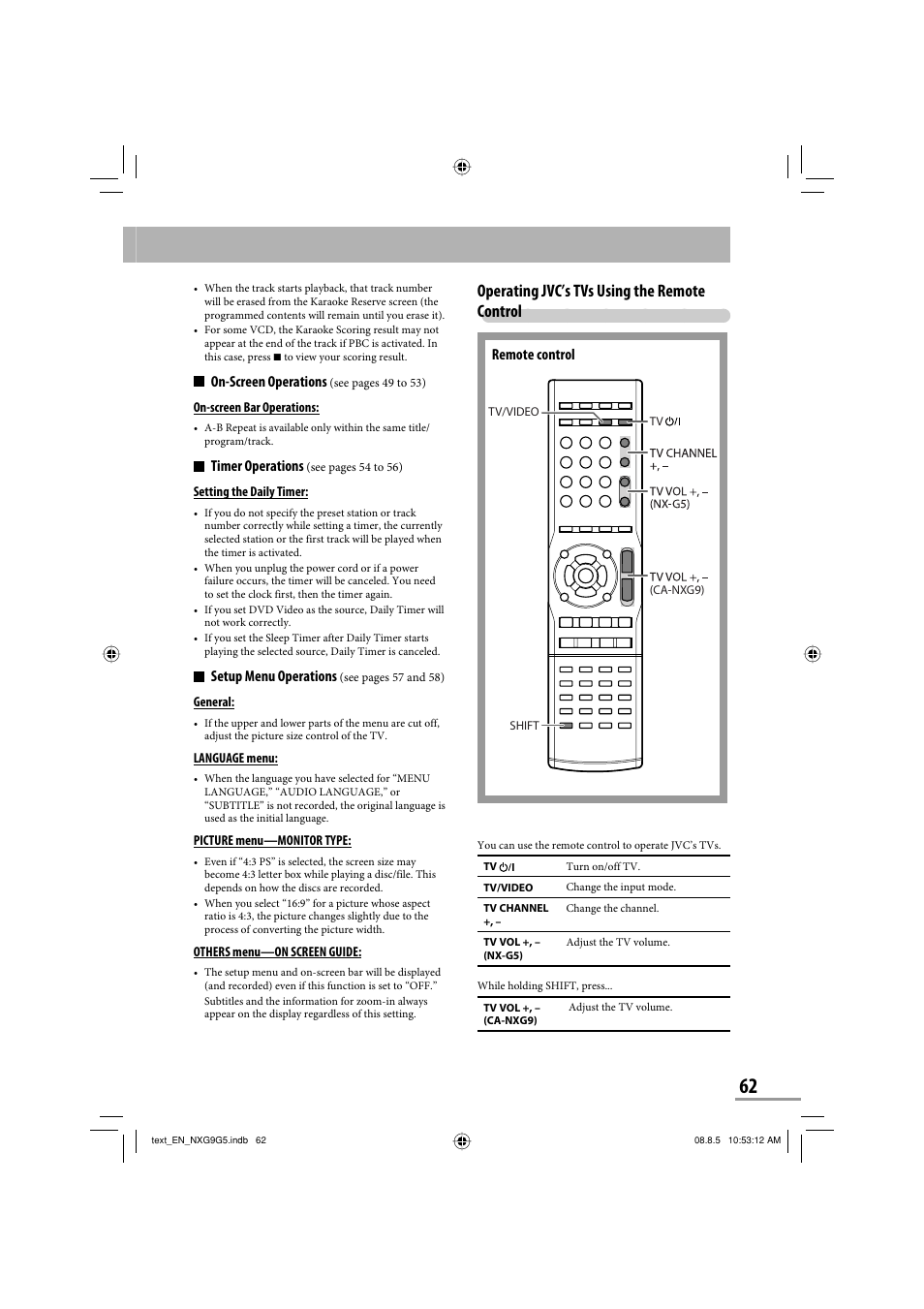 Operating jvc’s tvs using the remote control, Remote control, On-screen operations | Timer operations, Setup menu operations | JVC CA-NXG9 User Manual | Page 65 / 132