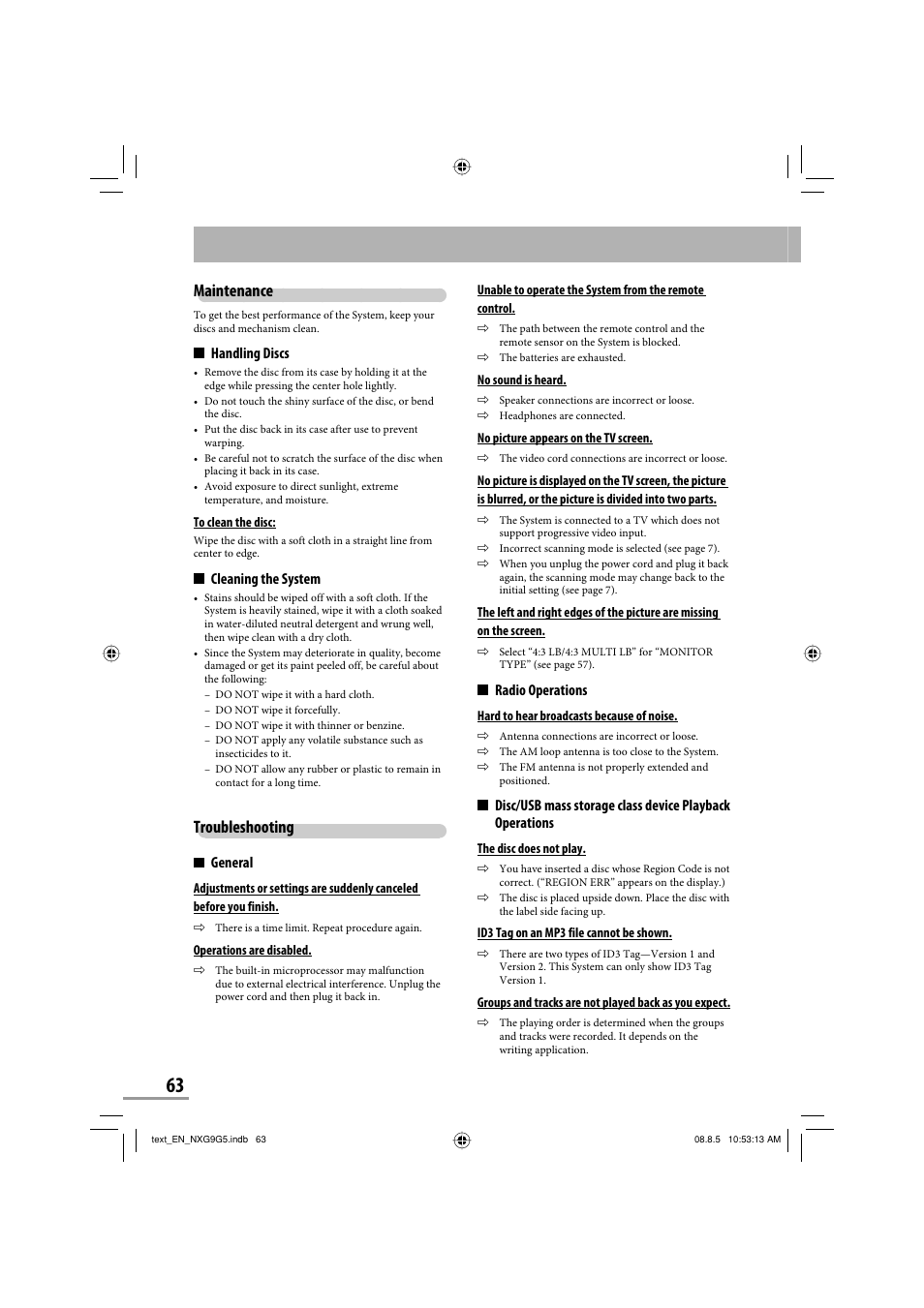 Maintenance, Troubleshooting, Handling discs | Cleaning the system, General, Radio operations | JVC CA-NXG9 User Manual | Page 66 / 132