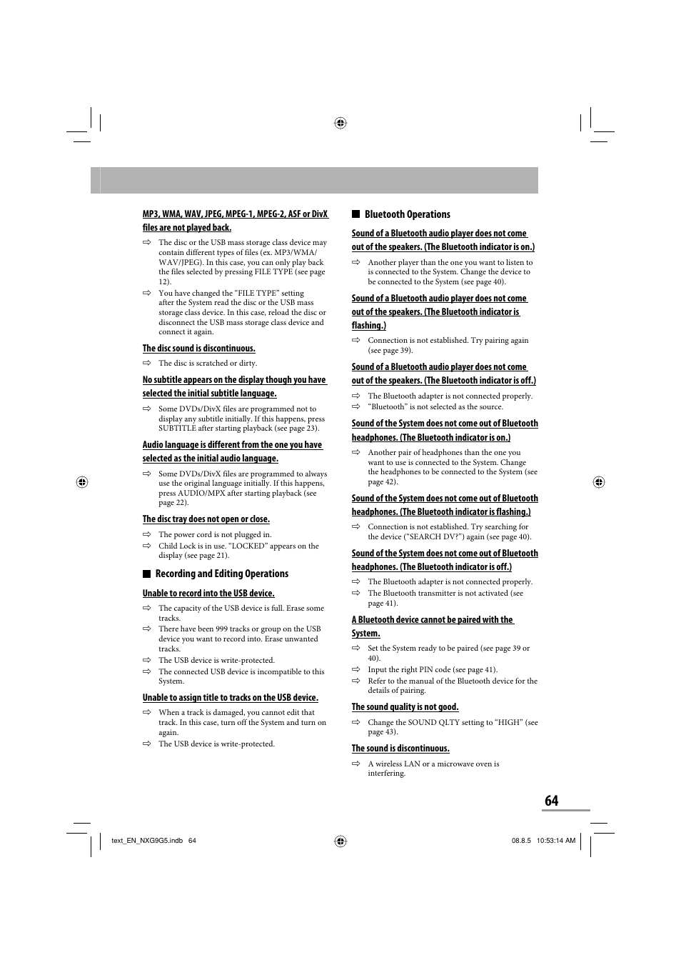 Recording and editing operations, Bluetooth operations | JVC CA-NXG9 User Manual | Page 67 / 132