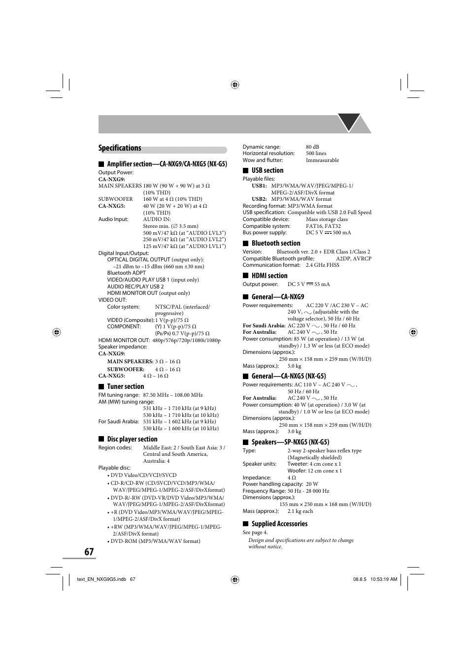 Specifications, General—ca-nxg9, General—ca-nxg5 (nx-g5) | Speakers—sp-nxg5 (nx-g5), Supplied accessories | JVC CA-NXG9 User Manual | Page 70 / 132