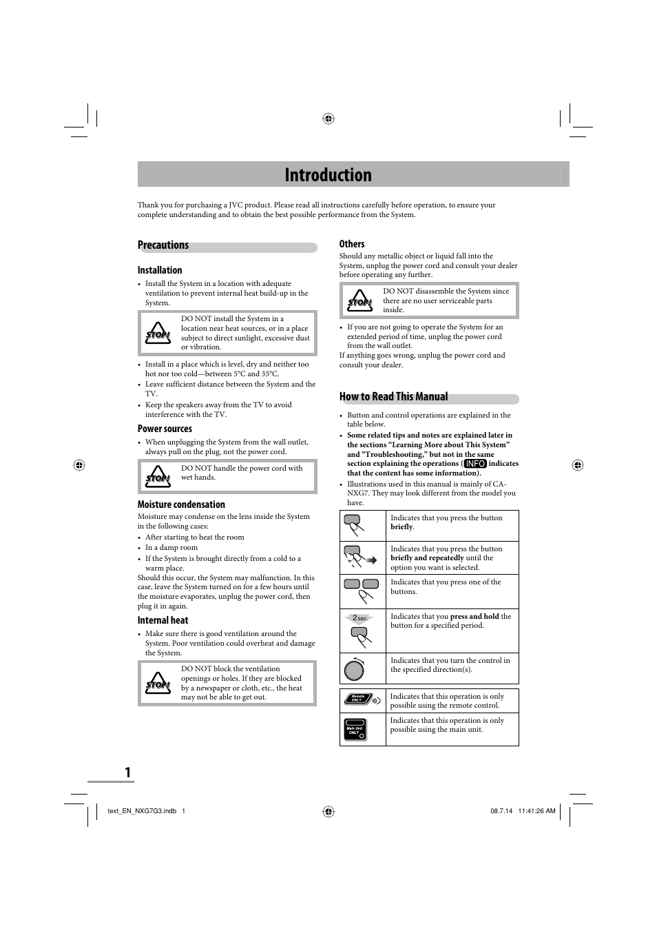 Introduction, How to read this manual, Precautions | Others, Installation, Power sources, Moisture condensation, Internal heat | JVC CA-NXG9 User Manual | Page 76 / 132