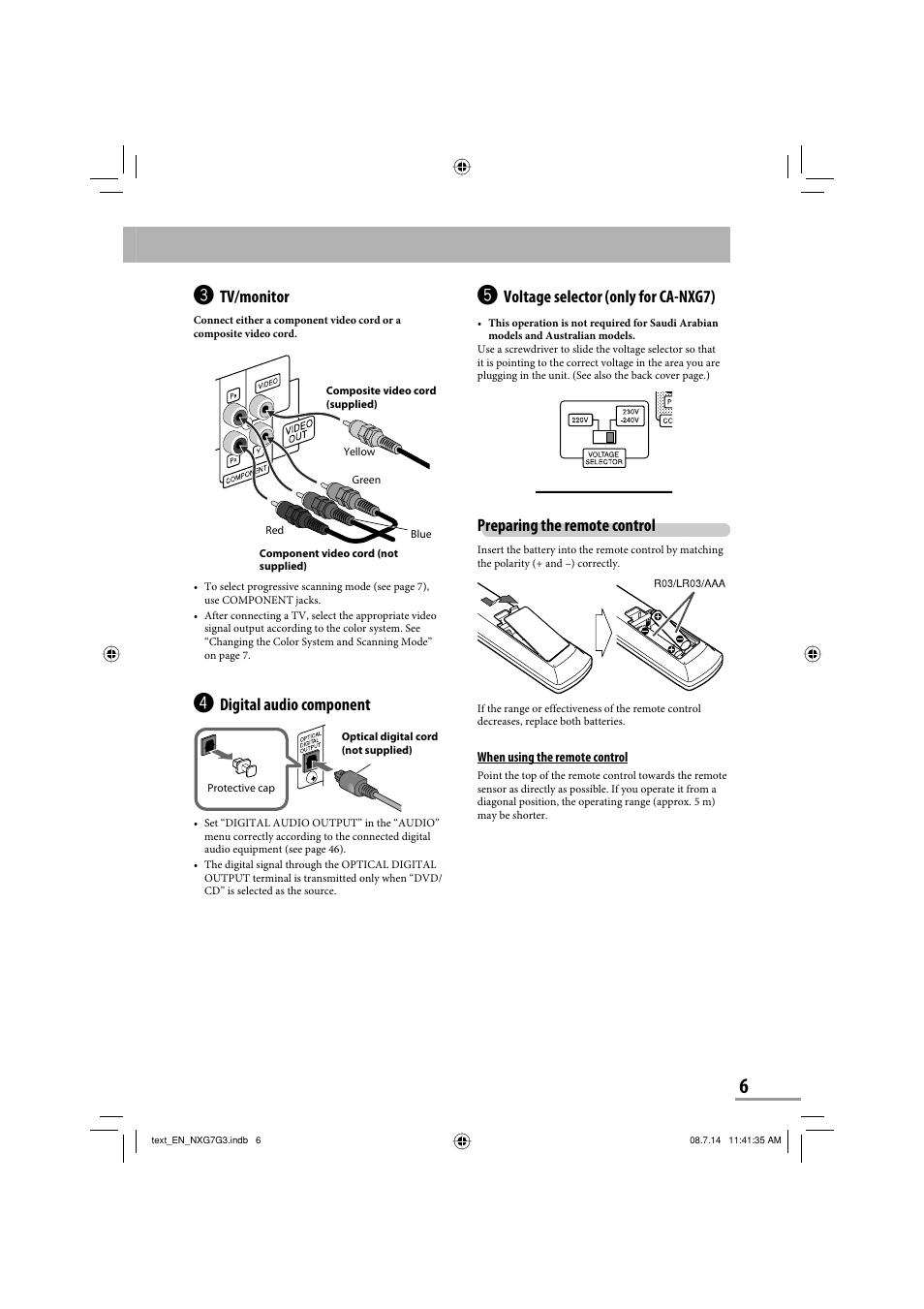 Tv/monitor, Digital audio component, Voltage selector (only for ca-nxg7) | Preparing the remote control | JVC CA-NXG9 User Manual | Page 81 / 132