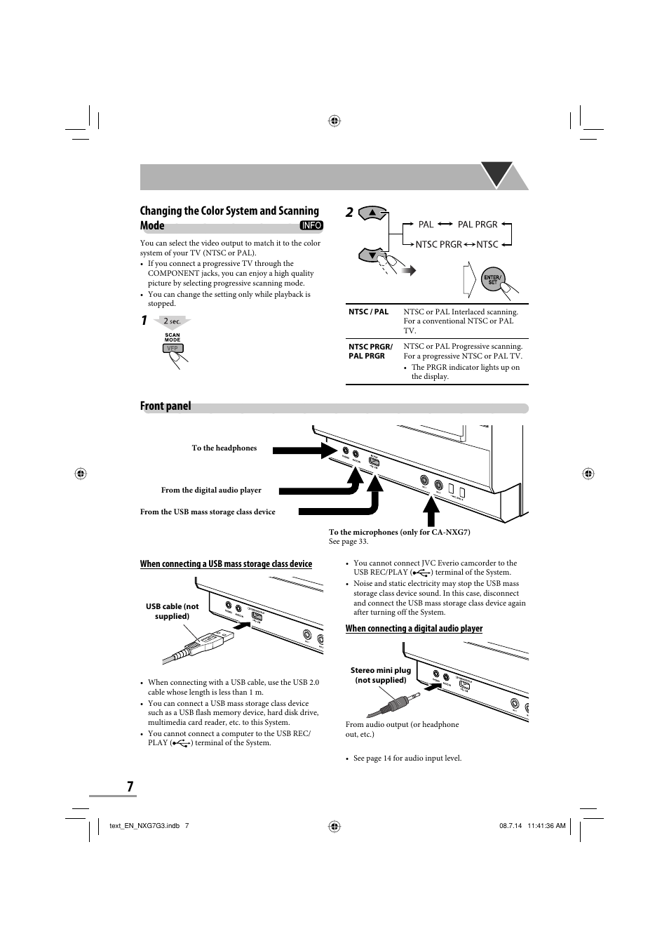 Front panel, Changing the color system and scanning mode | JVC CA-NXG9 User Manual | Page 82 / 132