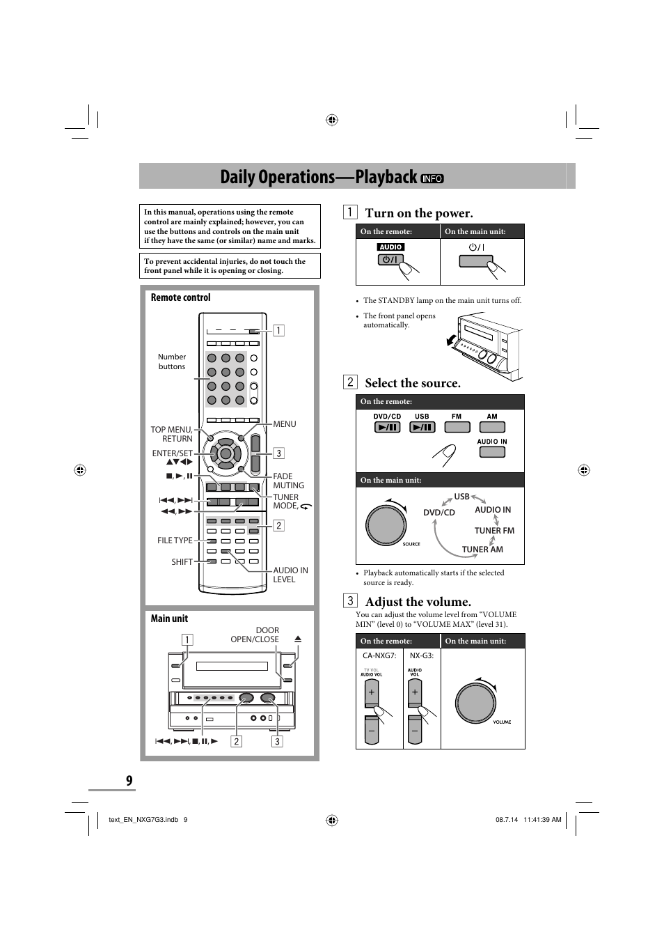 Daily operations—playback, Turn on the power, Select the source | Adjust the volume | JVC CA-NXG9 User Manual | Page 84 / 132