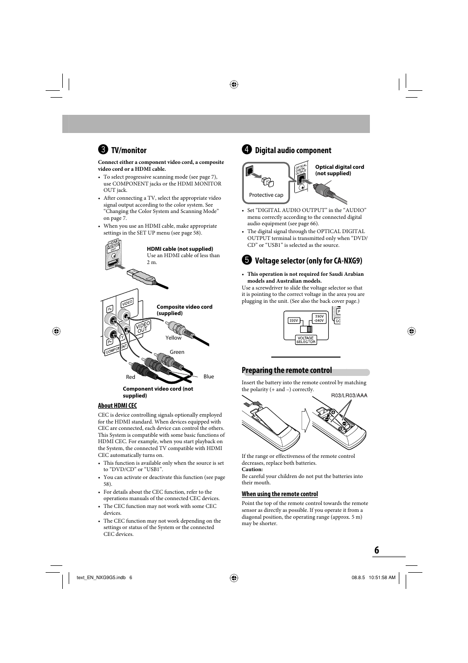 Tv/monitor, Digital audio component, Voltage selector (only for ca-nxg9) | Preparing the remote control | JVC CA-NXG9 User Manual | Page 9 / 132