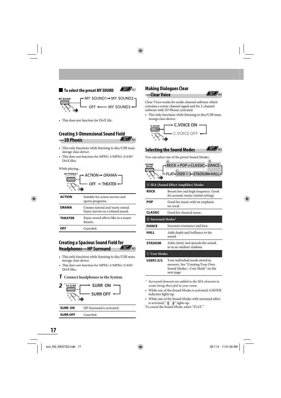 Making dialogues clear —clear voice, Selecting the sound modes, Creating 3-dimensional sound field —3d phonic | JVC CA-NXG9 User Manual | Page 92 / 132