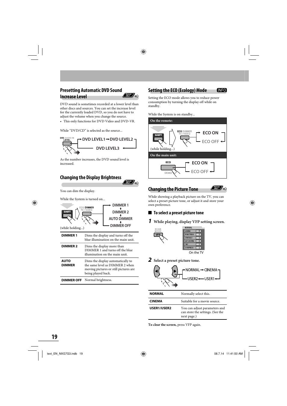 Setting the eco (ecology) mode, Changing the picture tone, Presetting automatic dvd sound increase level | Changing the display brightness | JVC CA-NXG9 User Manual | Page 94 / 132