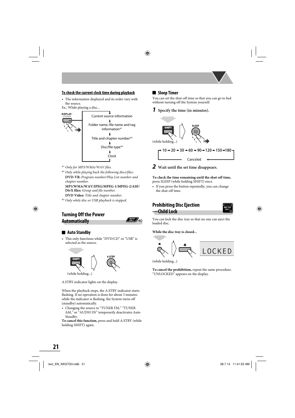 Locked, Prohibiting disc ejection —child lock, Turning off the power automatically | Sleep timer, Auto standby | JVC CA-NXG9 User Manual | Page 96 / 132