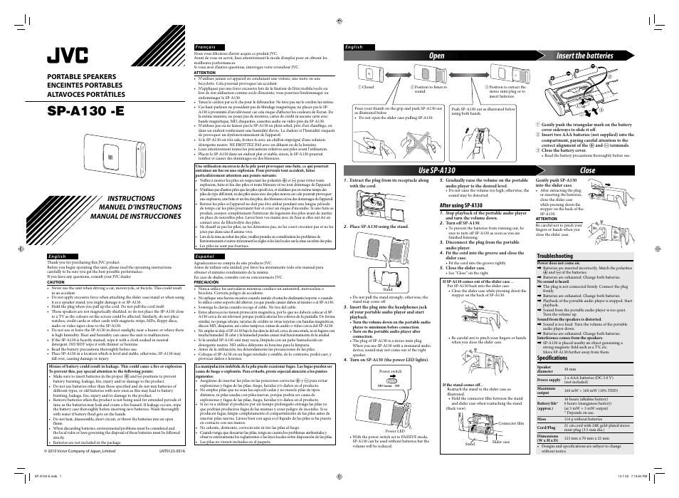 Sp-a130 -e, Surface, Open use sp-a130 | Insert the batteries, Close | JVC SP-A130-E User Manual | Page 3 / 6