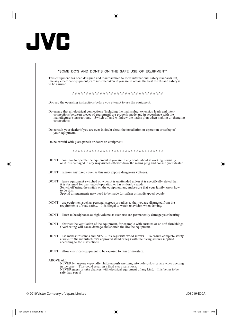 Caution sheet | JVC SP-A130-E User Manual | Page 5 / 6