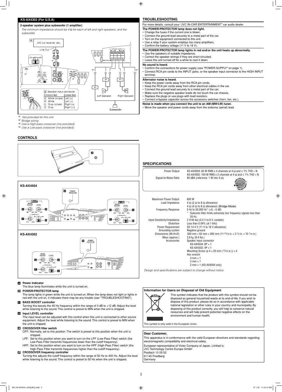 Controls, Troubleshooting, Specifications | JVC KS-AX4504 User Manual | Page 3 / 3