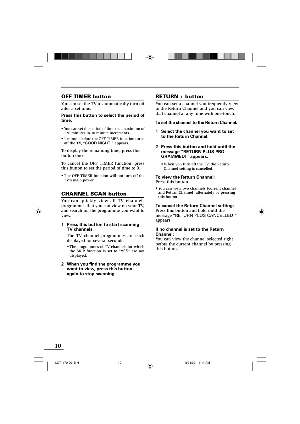Off timer button, Channel scan button, Return + button | JVC AV-29WX3 User Manual | Page 10 / 72