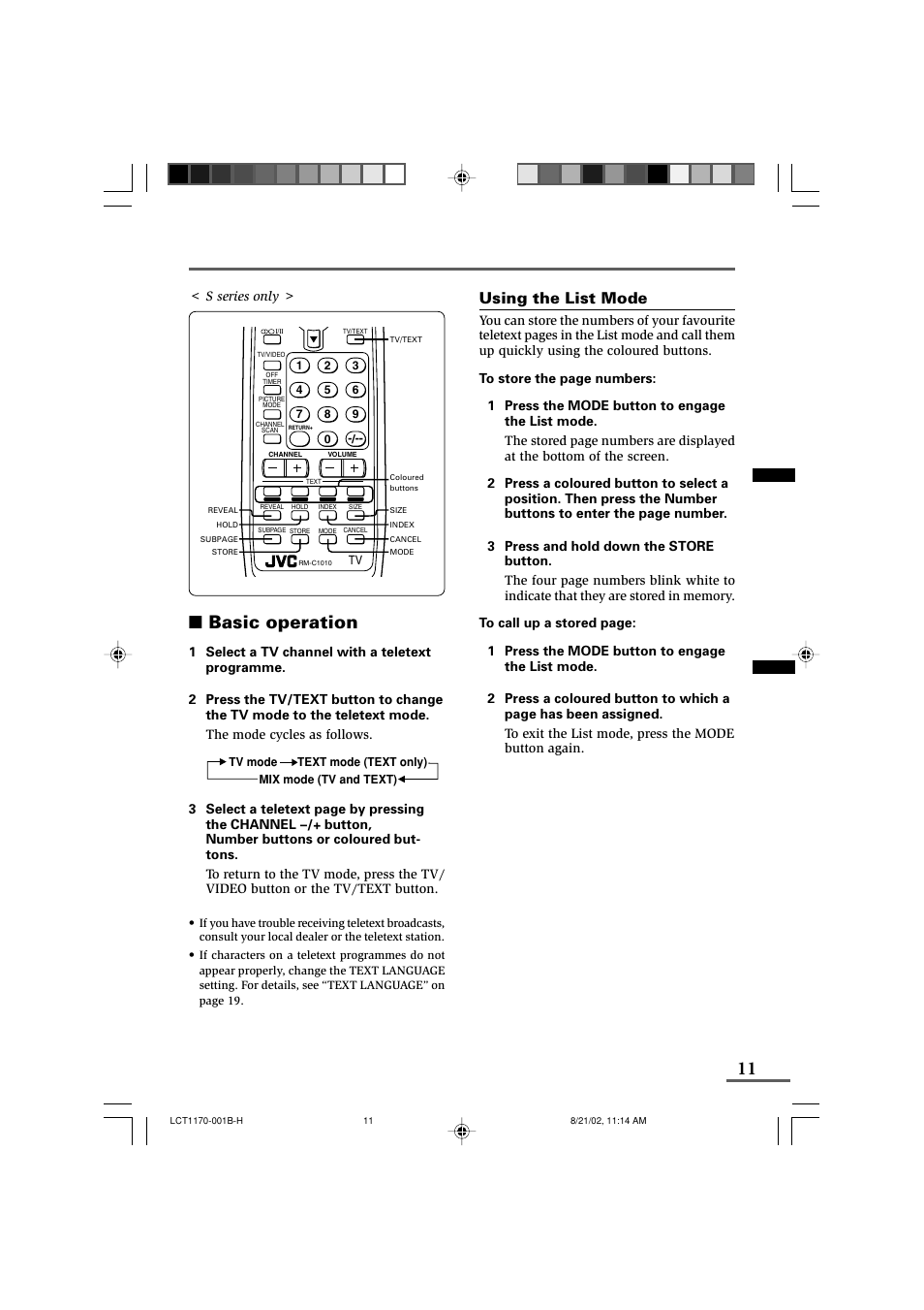 Viewing teletext programmes, Basic operation, Using the list mode | S series only | JVC AV-29WX3 User Manual | Page 11 / 72