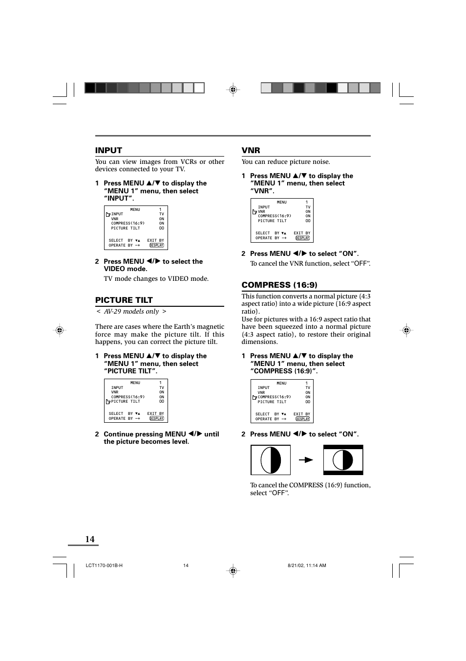 Input, Picture tilt, Compress (16:9) | Using the tv’s menus | JVC AV-29WX3 User Manual | Page 14 / 72
